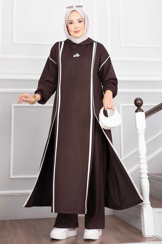 Ensemble Tunique À Capuche Et Pantalon Fendu Couleur Café