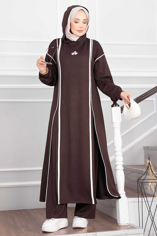 Ensemble Tunique À Capuche Et Pantalon Fendu Couleur Café