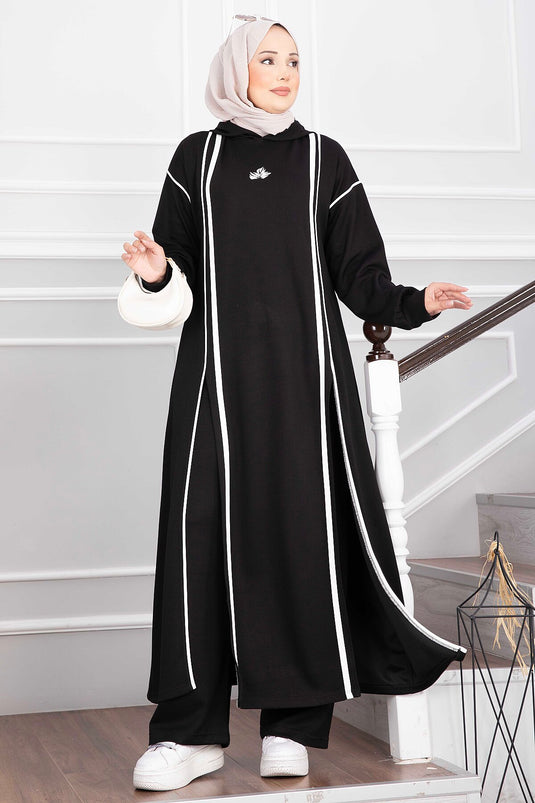 Ensemble Tunique Et Pantalon À Capuche Noire Avec Fente