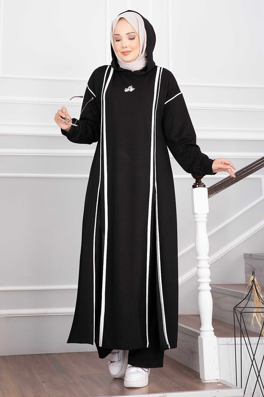Ensemble Tunique Et Pantalon À Capuche Noire Avec Fente
