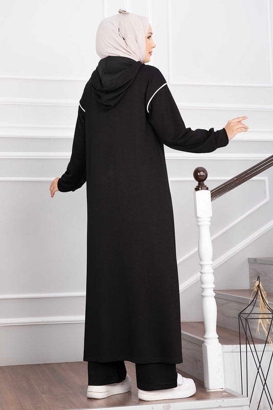 Ensemble Tunique Et Pantalon À Capuche Noire Avec Fente