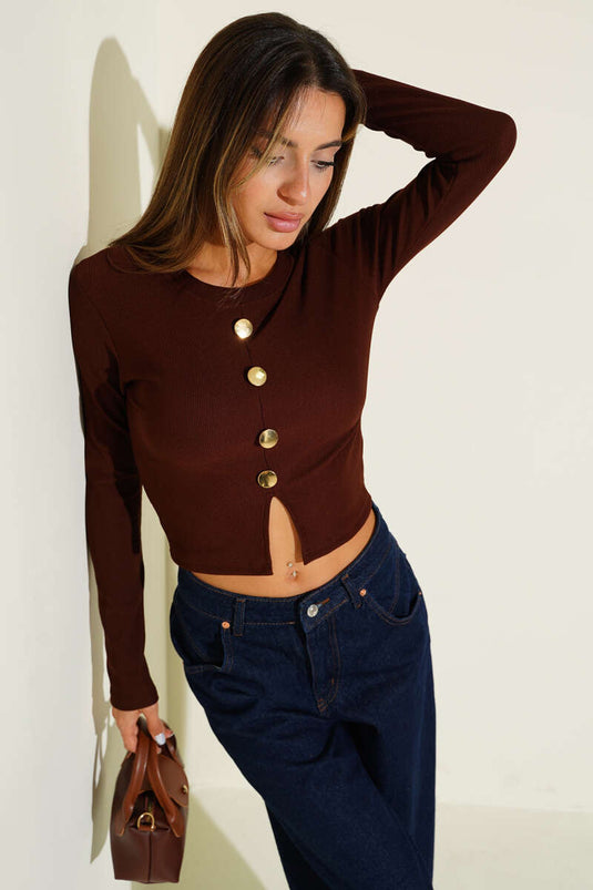 Braune Bluse mit Schlitz und Korsettmuster, langärmelig