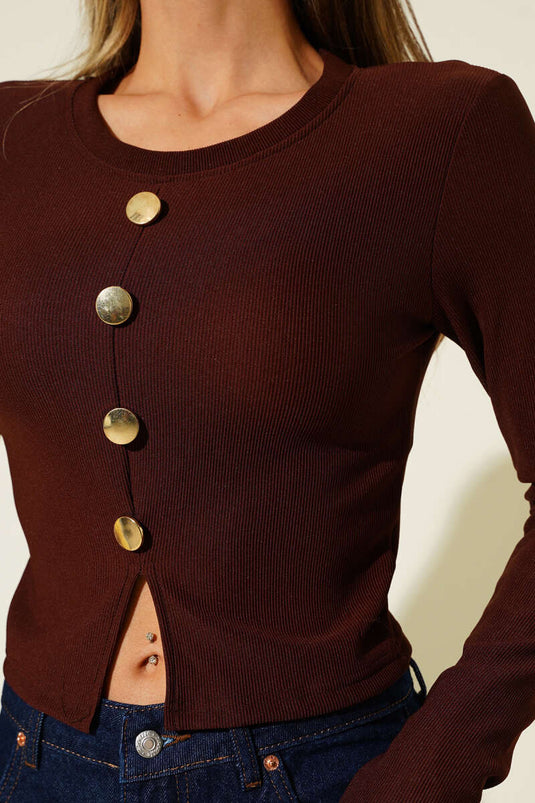 Braune Bluse mit Schlitz und Korsettmuster, langärmelig