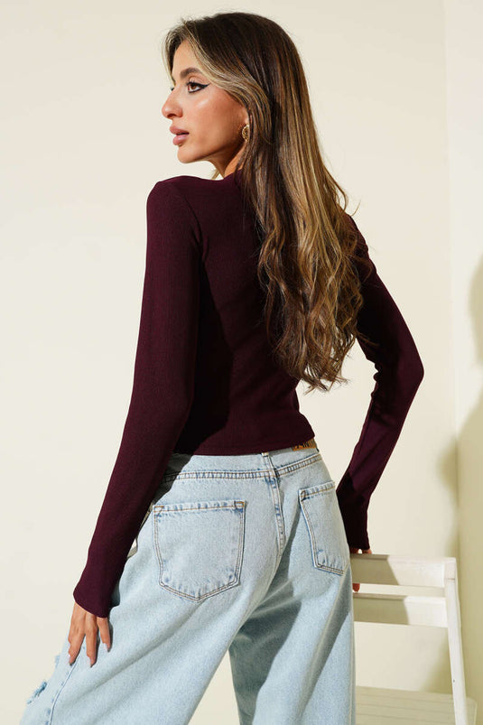 Yırtmaçlı Kaşkorse Uzun Kol Bluz Mürdüm