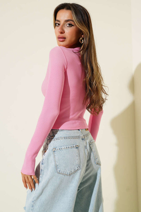 Pink Long-Sleeve Blouse with Slit