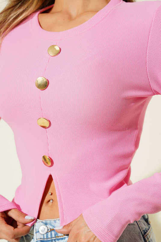 Pink Long-Sleeve Blouse with Slit