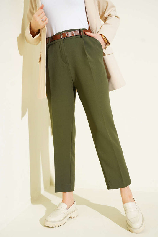Slit Belted Trousers, Khaki