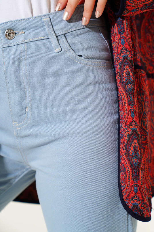 Yırtmaçlı Paça Jean Pantolon Açık Mavi Bej
