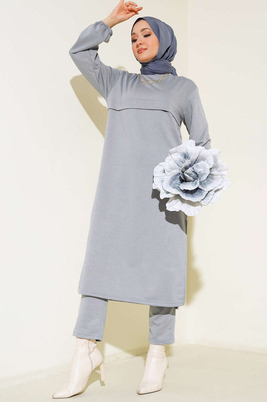 Yırtmaçlı Uzun İkili Takım Gri