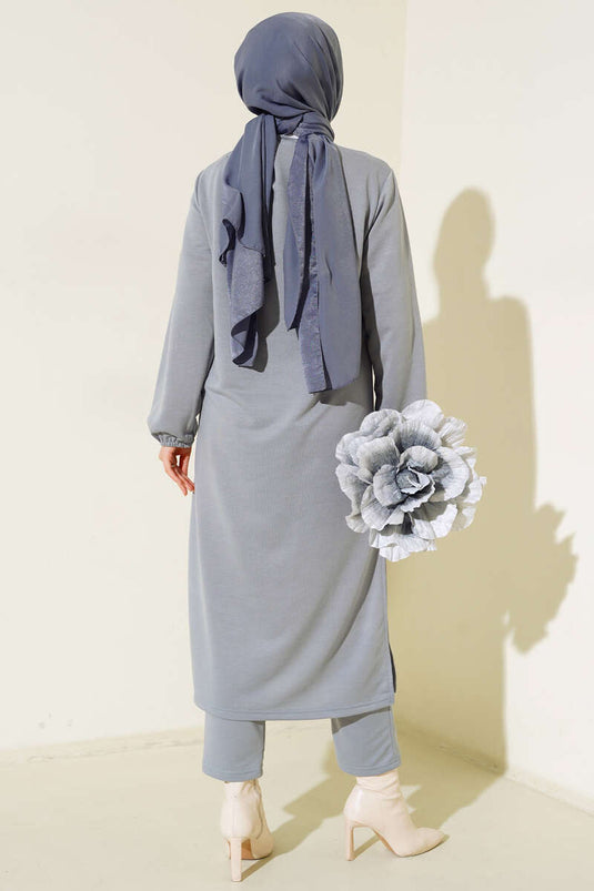 Yırtmaçlı Uzun İkili Takım Gri