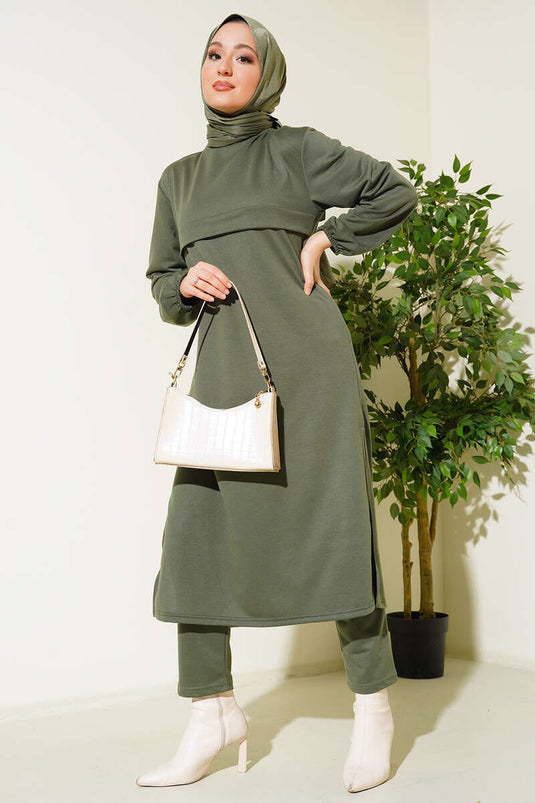 Slit Long Double Suit Khaki