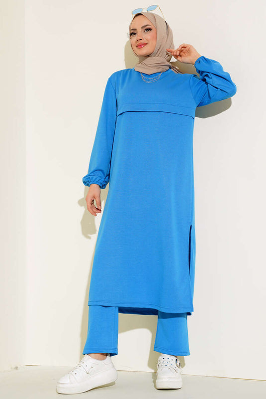 Yırtmaçlı Uzun İkili Takım İndigo