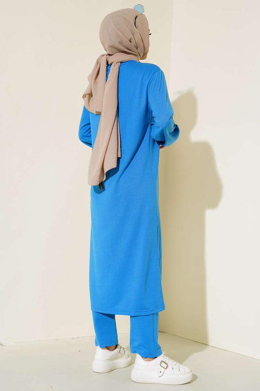 Yırtmaçlı Uzun İkili Takım İndigo