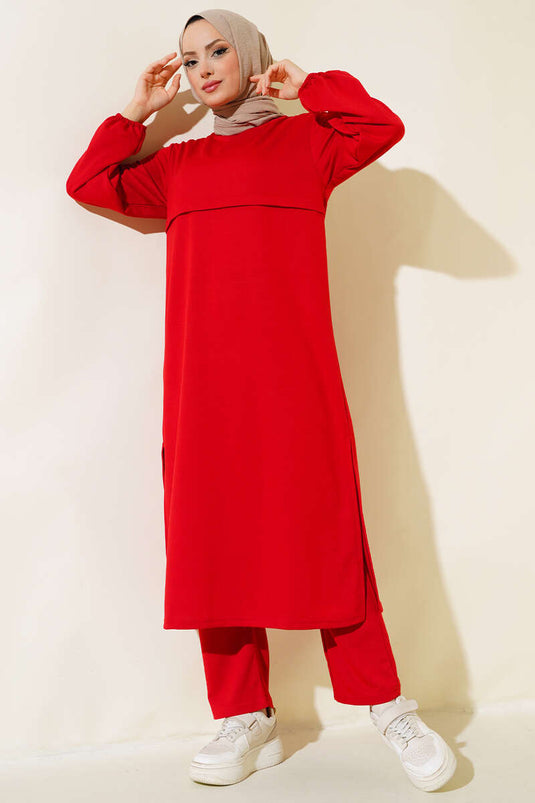 Slit Long Two Piece Set Red