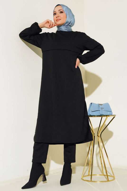 Slit Long Two Piece Suit Black