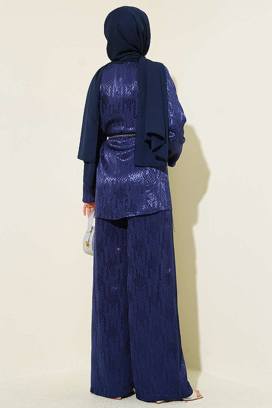 Yön Desen Şal Yaka Jakar İkili Takım Lacivert
