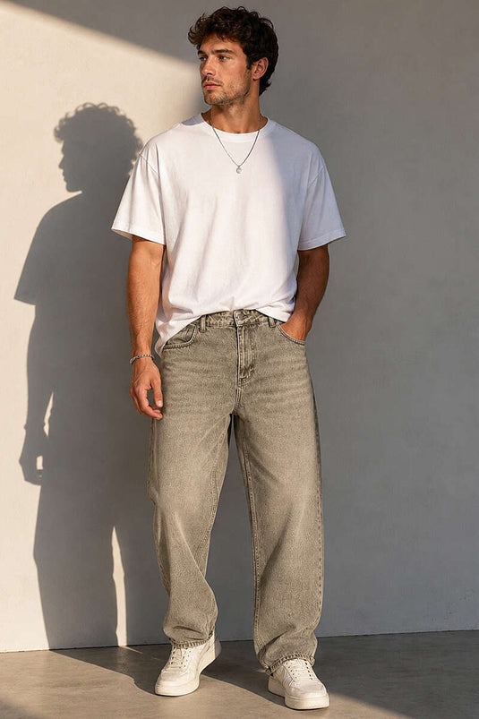 Pantalon baggy homme taille haute en jean kaki