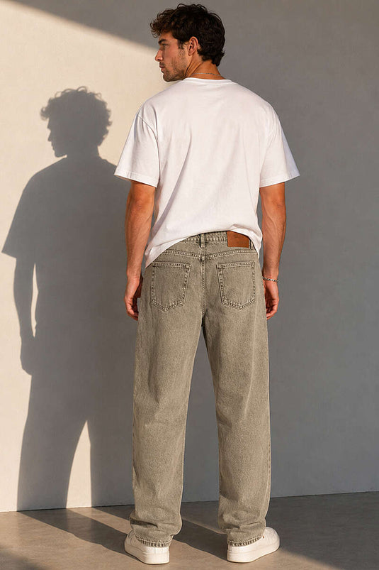 Pantalon baggy homme taille haute en jean kaki