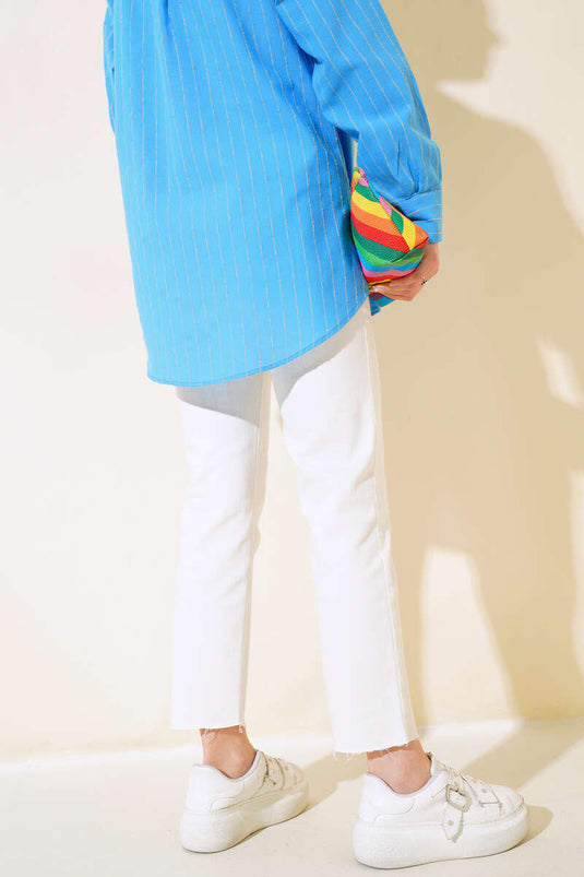 Yüksek Bel Boru Paça Kot Pantolon Beyaz