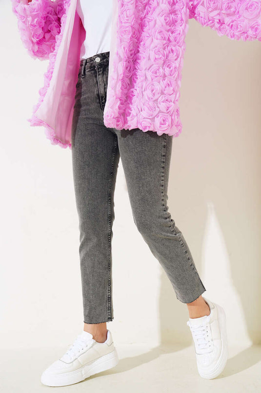 Yüksek Bel Boru Paça Kot Pantolon Füme