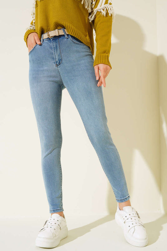 Yüksek Bel Dar Paça Jean Pantolon Açık Mavi