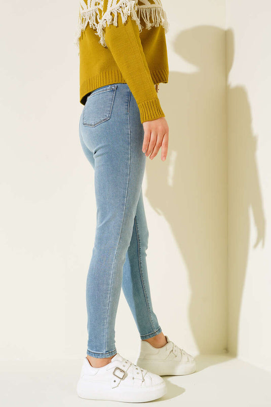 Yüksek Bel Dar Paça Jean Pantolon Açık Mavi