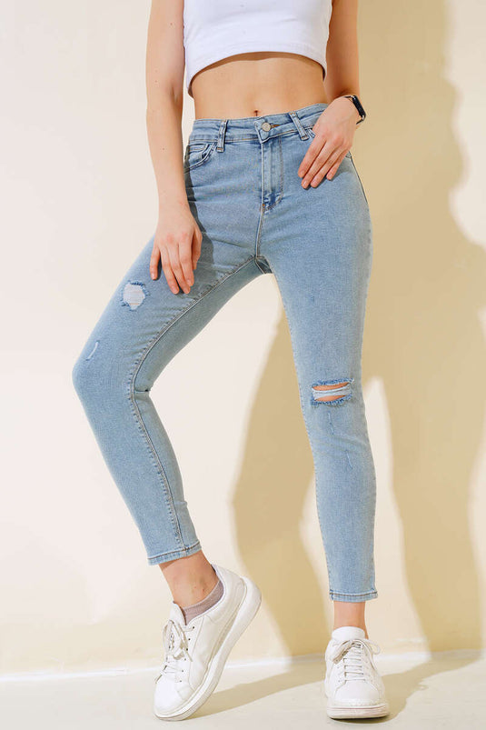 بنطلون دنيم ليزر بأرجل عالية وخصر نحيف باللون الأزرق الفاتح