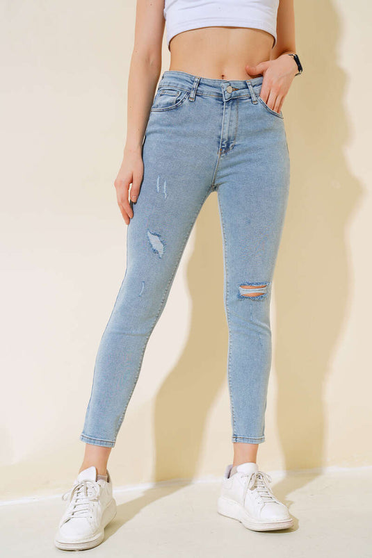 بنطلون دنيم ليزر بأرجل عالية وخصر نحيف باللون الأزرق الفاتح