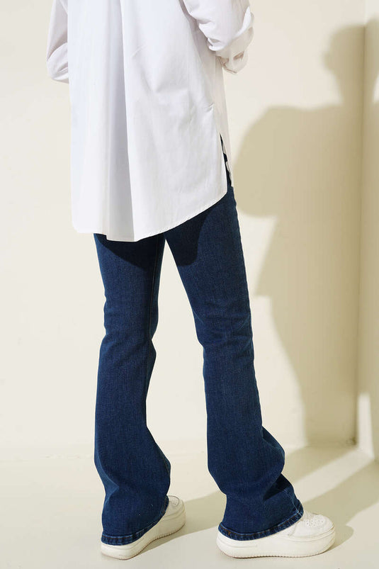 Uitlopende broek met hoge taille, marineblauw