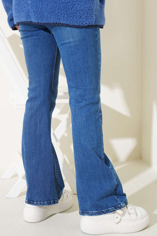 Yüksek Bel İspanyol Paça Pantolon Orta Mavi