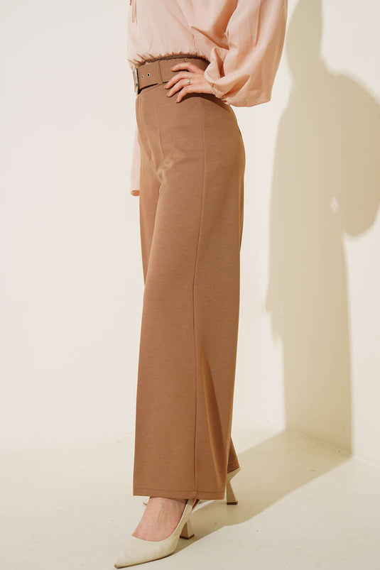 High Waist Belted Latte Trousers