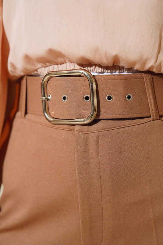 High Waist Belted Latte Trousers