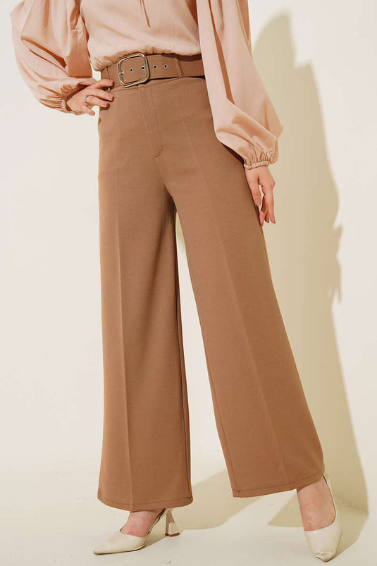 High Waist Belted Latte Trousers