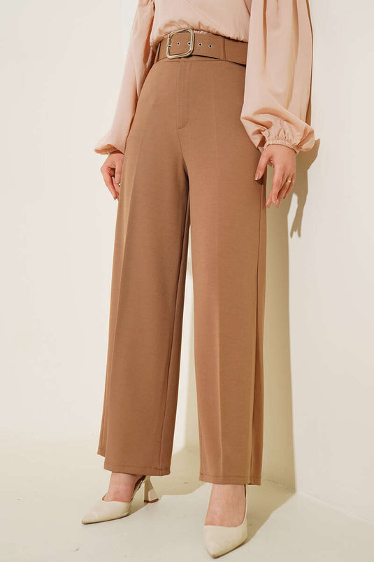 High Waist Belted Latte Trousers
