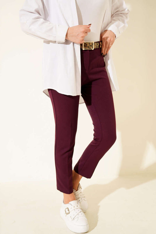 Yüksek Bel Kemerli Mor Pantolon