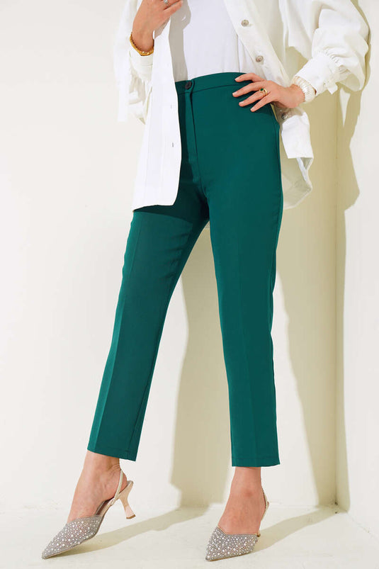 Yüksek Bel Kumaş Pantolon Zümrüt