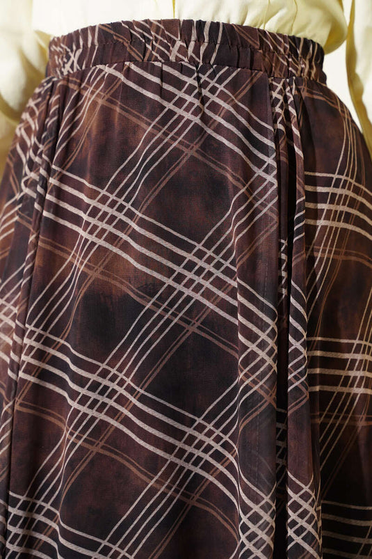 Jupe à carreaux camel à taille haute avec ceinture élastique