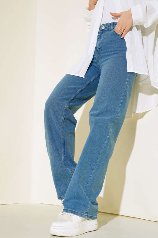 Yüksek Bel Palazzo Kot Pantolon Açık Mavi