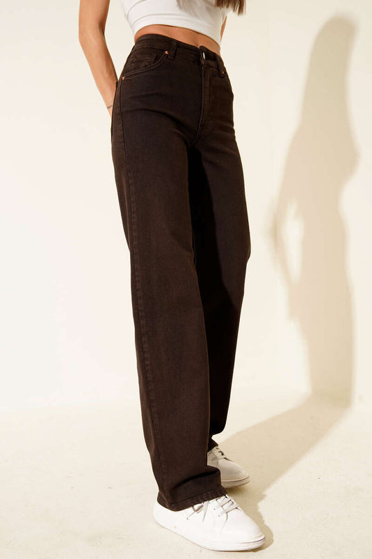 بنطلون جينز بالازو عالي الخصر، بني