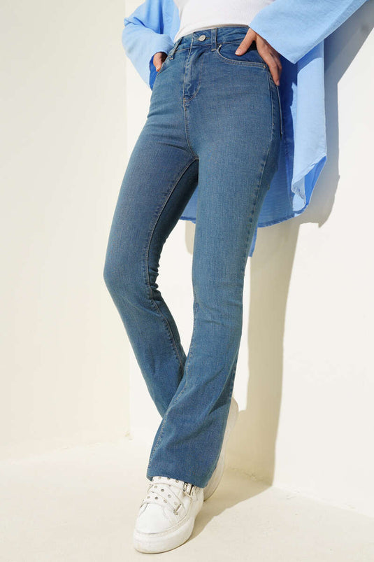 Pantalon à pattes d'éléphant taille haute, teinte bleue