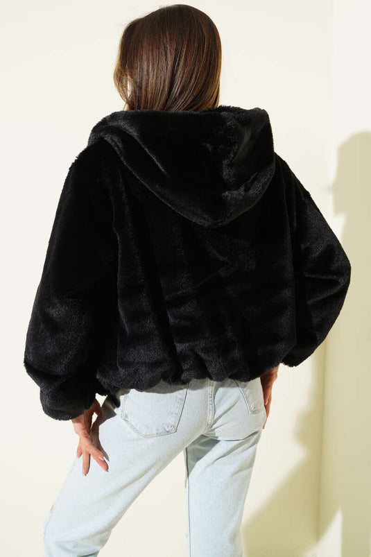 يوموش سترة محبوكة بغطاء رأس من الفرو الأسود