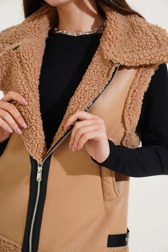 Wool Lined Leather Vest Latte