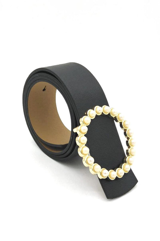 حزام أسود بإبزيم لؤلؤي دائري
