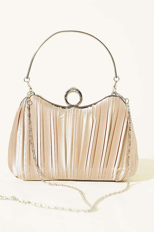 Sac de soirée plissé en satin avec anneau beige