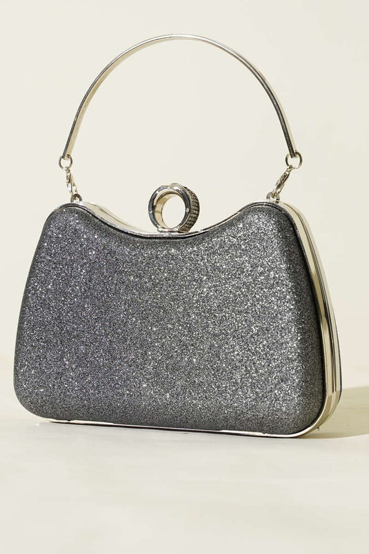 Yüzüklü Simli Abiye Çanta Füme