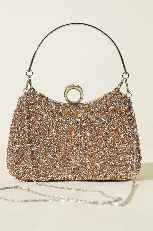 Avondtas met ring en steen, koperkleurig zilver