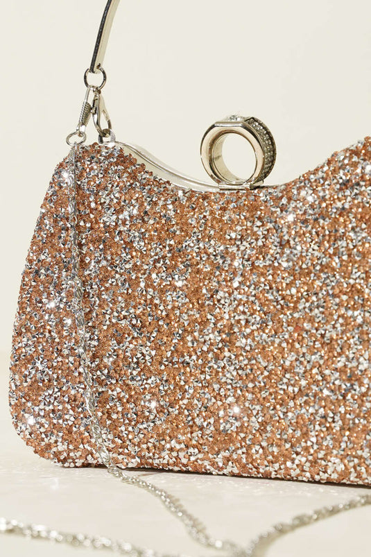 Avondtas met ring en steen, koperkleurig zilver