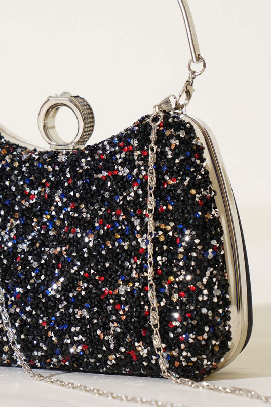 Abendtasche mit Steinbesatz und Ring, bunt