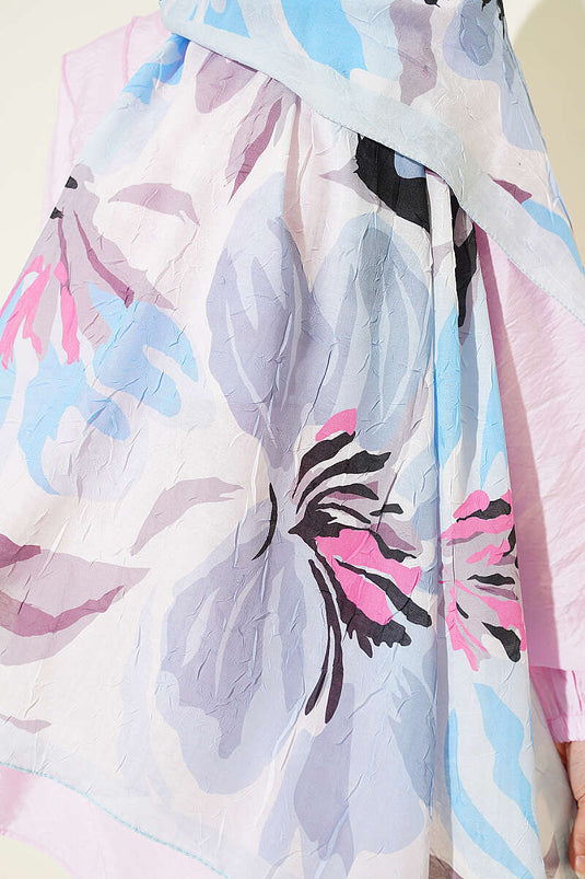 Zambak Çiçekli Bambu Kraş Şal Buz Mavisi