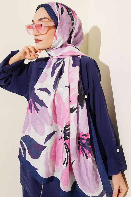 Zambak Floral Bamboo Crinkle Shawl Navy